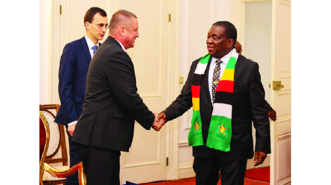 President Mnangagwa welcomes the Belarusian Deputy Prime Minister Mr Leonid Zayats at State House in Harare yesterday