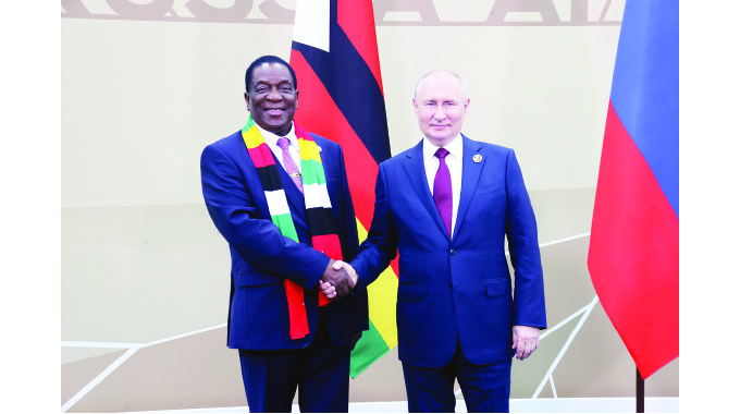 President Mnangagwa is welcomed by his Russian counterpart President Vladmir Putin before their bilateral meeting in St Petersburg, Russia, yesterday evening