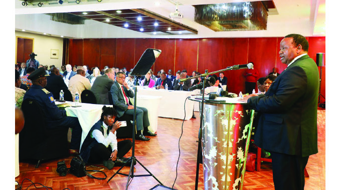Foreign Affairs and International Trade Minister, Ambassador Frederick Shava, addresses diplomats accredited to Zimbabwe and members of election observer missions during a briefing on the country’s preparedness for the 2023 harmonised elections in Harare yesterday. — Picture Memory Mangombe.