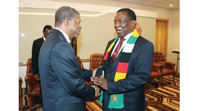 President Mnangagwa is welcomed by incoming SADC chairperson and Angolan President João Manuel Gonçalves Lourenço, at the Intercontinental Hotel in Luanda, the venue of the 43rd Ordinary Summit of SADC Heads of State & Government, yesterday (Picture: Presidential Photographer Tawanda Mudimu)