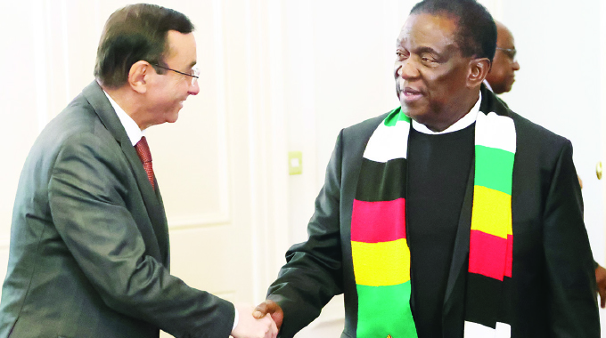 President Mnangagwa is bade farewell by the outgoing Algerian Ambassador to Zimbabwe Noureddine Yazid at State House in Harare yesterday