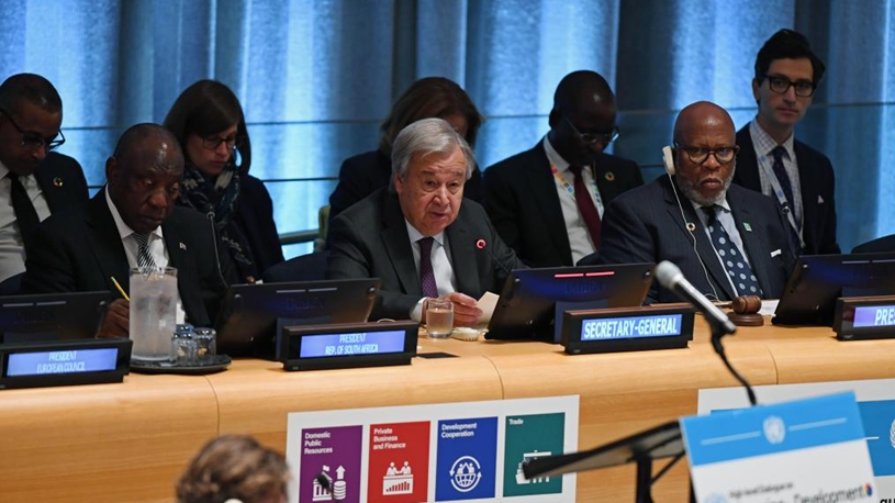 UN Secretary-General Antonio Guterres (C, Front) speaks at the UN High-level Dialogue on Financing for Development during the 78th session of the UN General Assembly at the UN headquarters in New York, on Sept. 20, 2023. The UN chief on Wednesday urged global policymakers to unlock better financing and tackle the great finance divide, as progress on some of the Sustainable Development Goals has gone into reverse for the first time in decades. (Xinhua/Li Rui)