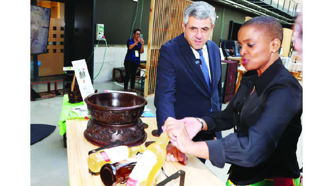 Tourism and Hospitality Industry Minister Barbra Rwodzi shows UNWTO Secretary-General Zurab Pololikashvili wines made from Zimbabwean indigenous fruits like mapfura among others during his visit to the Zimbabwean stand at the 8th UNWTO World Forum on Gastronomy Tourism in Donostia San Sebastian, Spain yesterday.