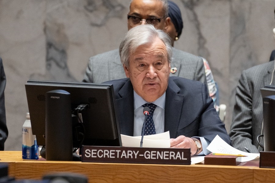 Source: Xinhua Editor: huaxia 2023-12-09 03:02:15 UN Secretary-General Antonio Guterres speaks at a high-level meeting of the Security Council at the UN headquarters in New York, Nov. 29, 2023. (Eskinder Debebe/UN Photo/Handout via Xinhua)