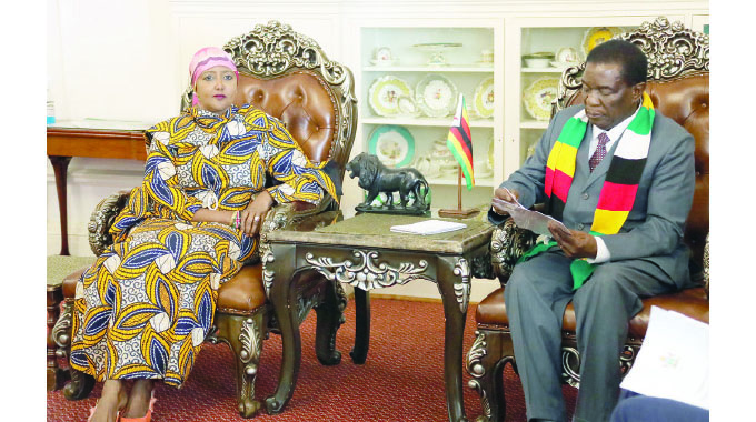 President Mnangagwa meets Commonwealth Observer Mission head Ambassador Amina Mohamed at State House in Harare yesterday.