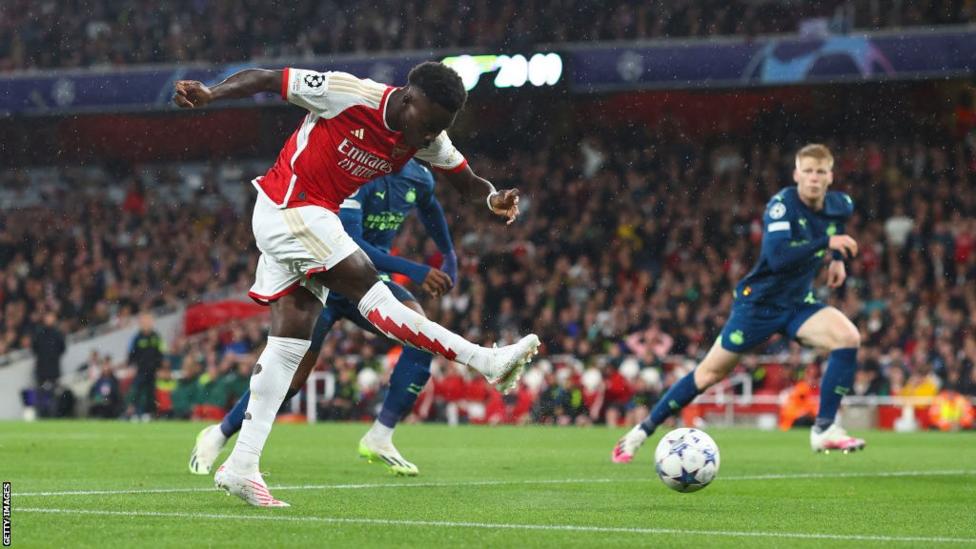 Bukayo Saka scored eight minutes into his Champions League debut