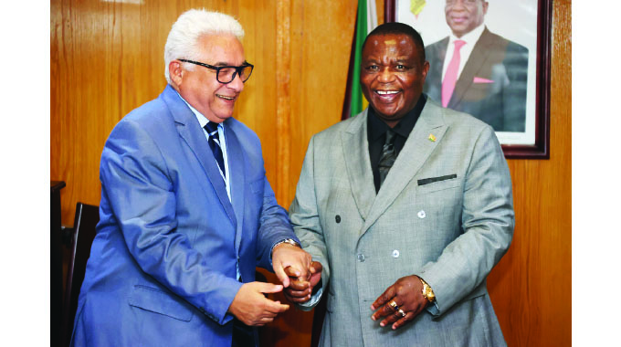 Vice President Dr Constantino Chiwenga meets lead member of the Panel of Eminent Persons African Peer Review Mechanism, African Union Ambassador Aly Hossam El Din El-Hefny Mohmoud at his Munhumutapa offices in Harare yesterday.