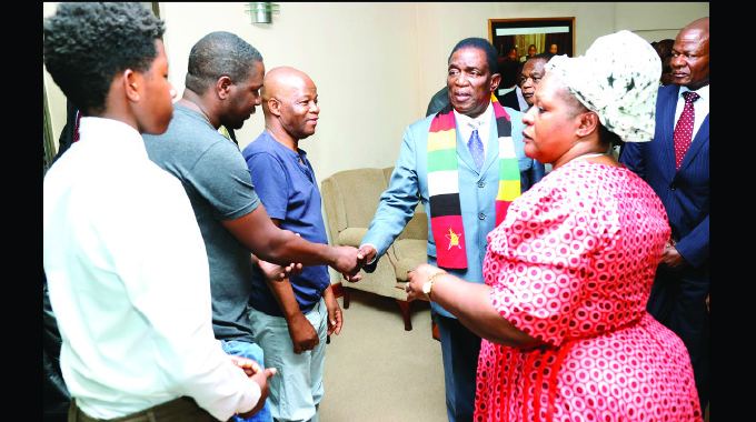 President Mnangagwa consoles the Matiza family following the death of Mrs Matiza, wife to former Minister and National Hero Cde Biggie Matiza in Borrowdale, Harare, yesterday.