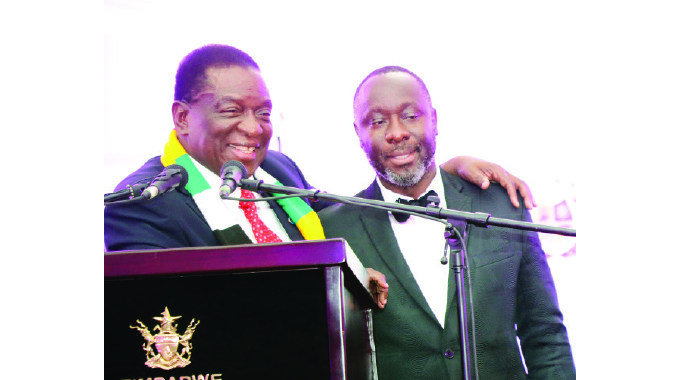 President Mnangagwa shares a lighter moment with Doves Funeral Services CEO Mr Farai Matsika after the company pledged funds towards the ED UNZA Scholarship Programme during the fundraising dinner in Harare last night.