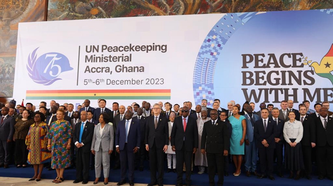 Delegates pose for a group photo at the 2023 United Nations Peacekeeping Ministerial Meeting in Accra, Ghana, on Dec. 6, 2023. The 2023 United Nations (UN) Peacekeeping Ministerial Meeting opened here Wednesday to seek solutions to challenges facing UN peacekeeping and work toward concrete outcomes to enhance the effectiveness of peacekeeping operations worldwide. (Photo by Seth/Xinhua)
